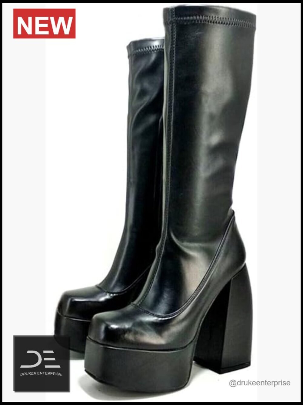 Chunky High Heel Square Toe Side Zipper PU Leather Stretch Platform Boots